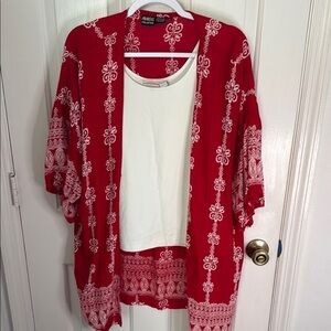 Ananda’s Red & White Kimono Cardigan, Wide Short Sleeve